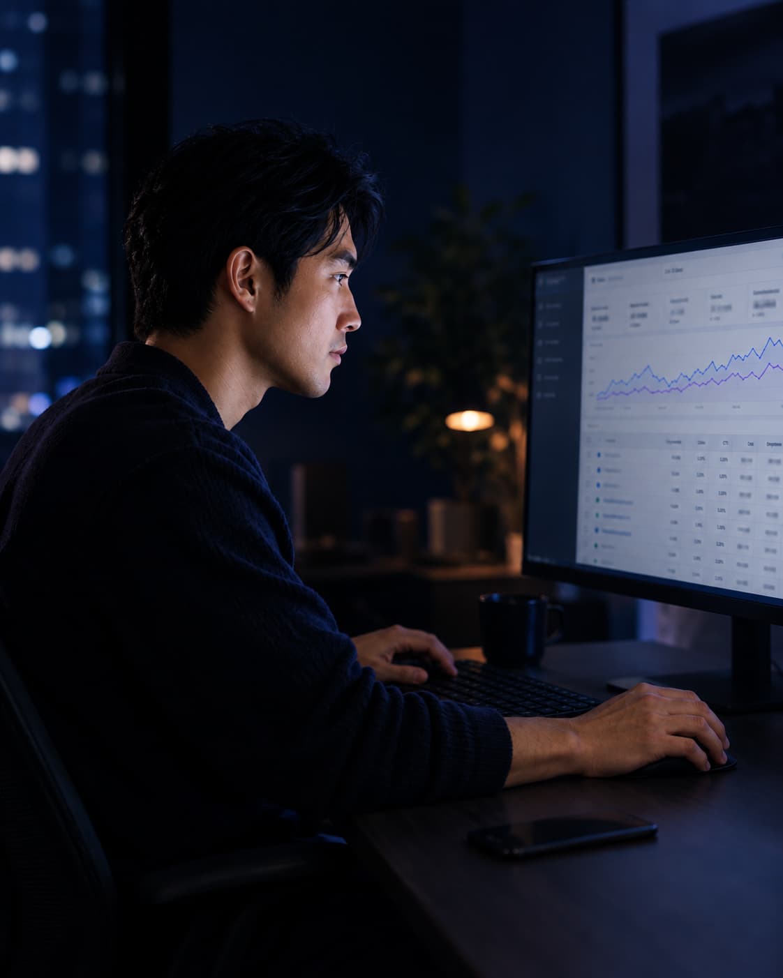 Performance marketer reviewing several advertising accounts at a desk